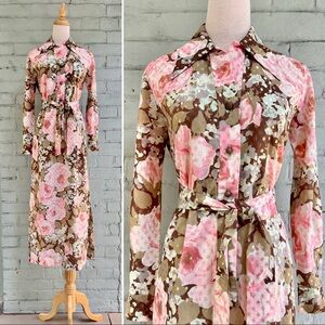 70s Floral Midi Belted Shirt Dress